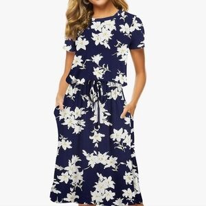 SimierFariry Women Casual Midi  Dress Floral Lily Navy NWT Size XXL